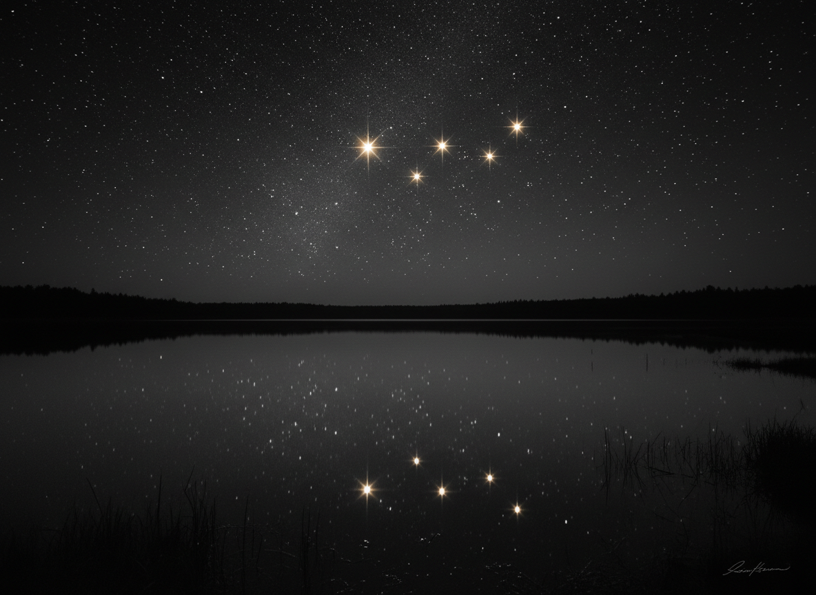 A serene, still lake or pond at night reflecting the sky. The entire image is in deep monochrome — rich velvety blacks, soft dark greys, luminous whites — with one deliberate exception: the seven stars of the Pleiades constellation and scattered individual stars, both in the sky and perfectly mirrored in the glassy water below, rendered in vivid warm champagne gold, glowing brilliantly against the dark tones. The horizon line sits low, giving generous space to the sky. The shoreline is minimal — perhaps the faintest suggestion of dark reeds or a distant treeline silhouette. The water surface is perfectly still, mirror-like. The mood is profound, silent, otherworldly, and deeply feminine. Editorial and sophisticated. No color except the gold stars. Think Ansel Adams meets a celestial night sky.