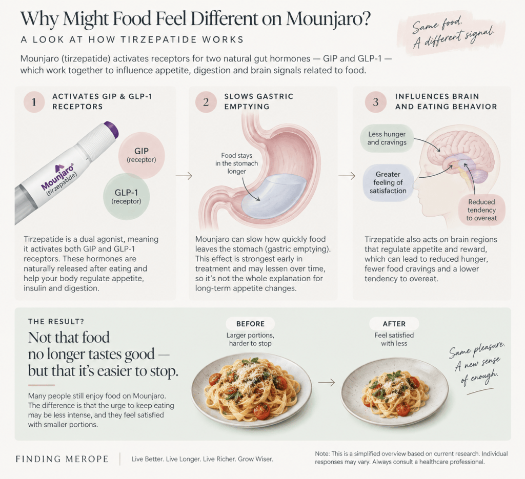 Infographic explaining how Tirzepatide (Mounjaro) works to influence appetite, digestion, and brain signals related to food, highlighting its effects on GIP and GLP-1 receptors, gastric emptying, and eating behavior.