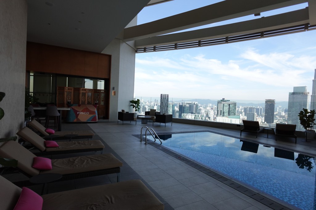 Luxurious indoor pool area with seating and city skyline view.
