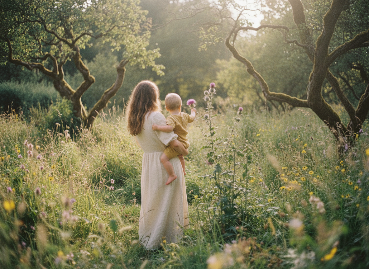 A mother and baby playing together in nature, seen from behind. Shot in a realistic old film photography style — slightly desaturated, muted warm tones, soft grain, not fully black and white but with reduced color saturation so colours feel faded and nostalgic. Natural outdoor setting, soft light, intimate and tender mood. Editorial, timeless, sophisticated.